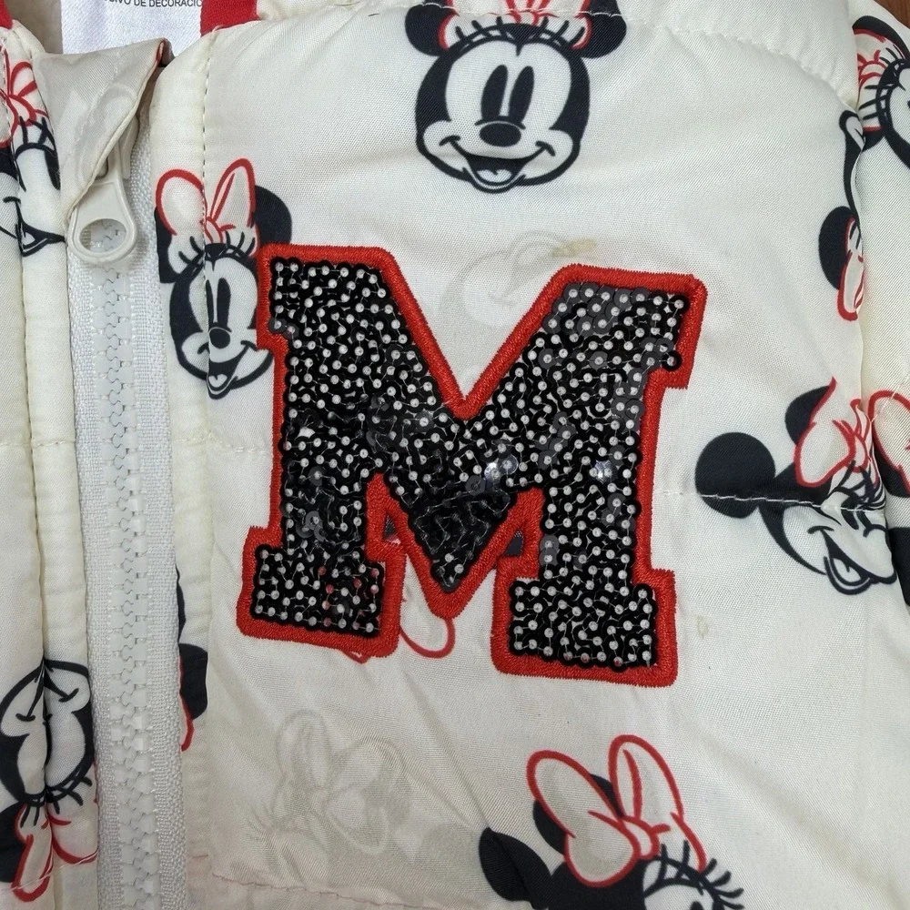Disney Junior Minnie Mouse Hooded Puffer Jacket White Sherpa Sequin M Size 4T